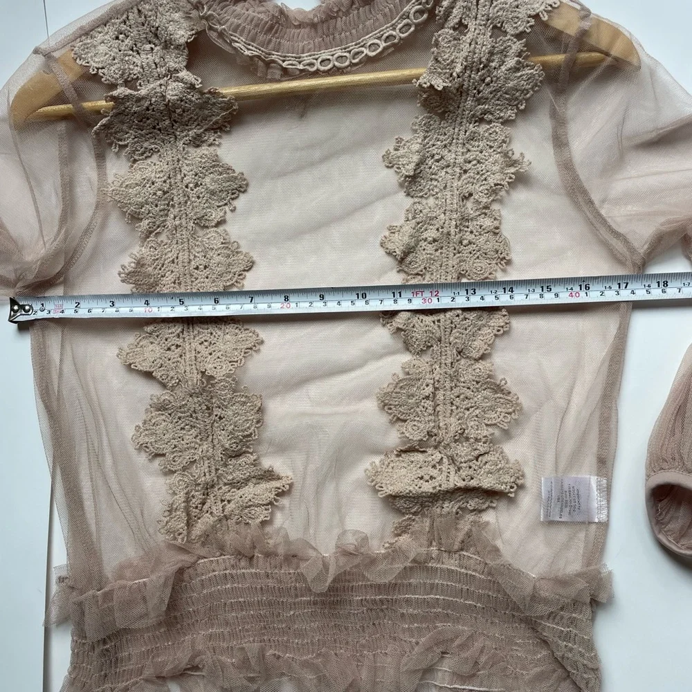 Molly Bracken Floral Lace Sheer Blouse Tan Long Lantern Sleeves Tops Mesh - Picture 9 of 11